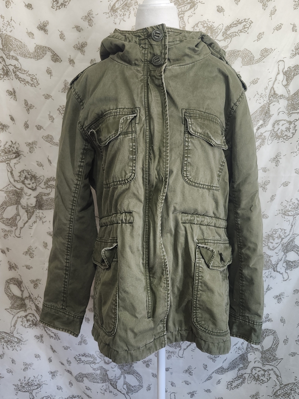 American Eagle Military utility Jacket Womens Green Full Zip Hooded Pockets L